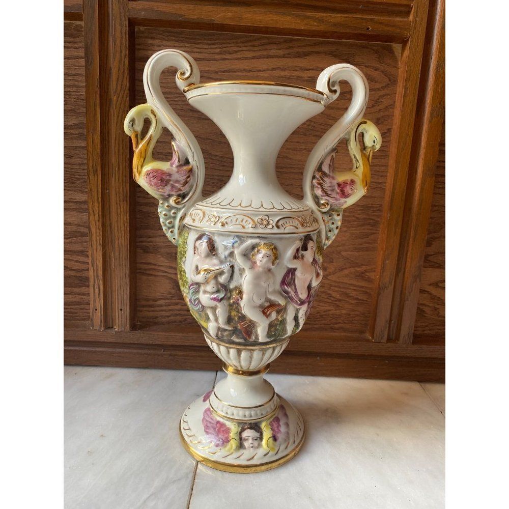 Vintage Capodimonte Porcelain Vase Cherubs Satyrs Swan Handles Italian